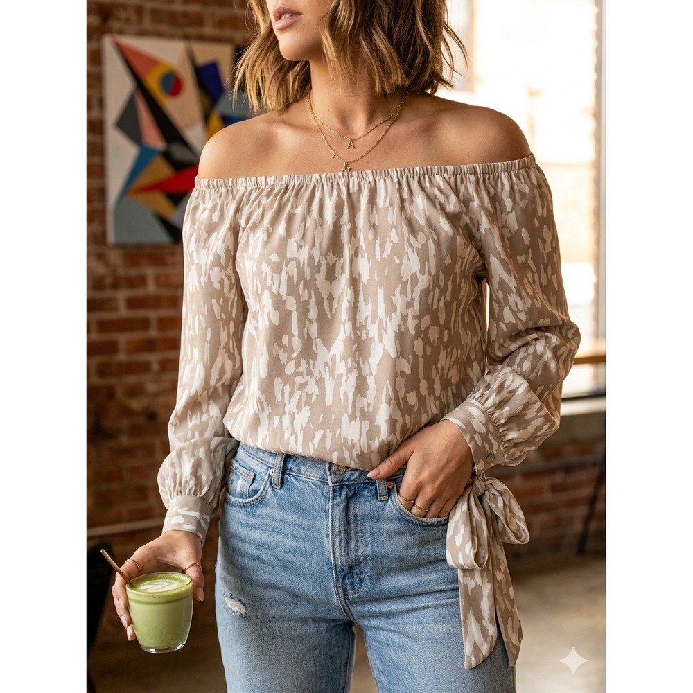 Vince Camuto Off The Shoulder Abstract Print Side Tie Blouse Tan Cream XS